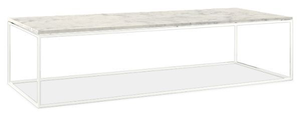 a white marble top coffee table with metal frame and clear shelf for storage or display