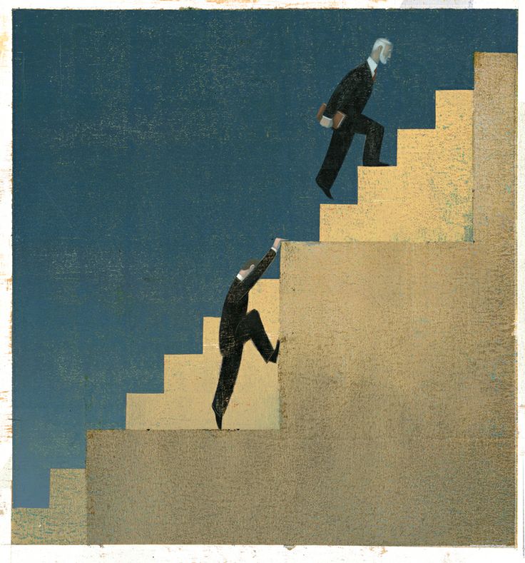 two men in suits climbing up stairs to the sky