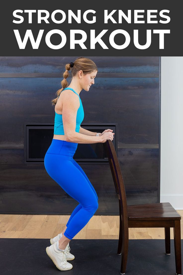 a woman standing in front of a chair with the words strong knees workout