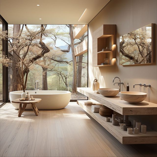 a large bathroom with two sinks and a bathtub in the middle of the room