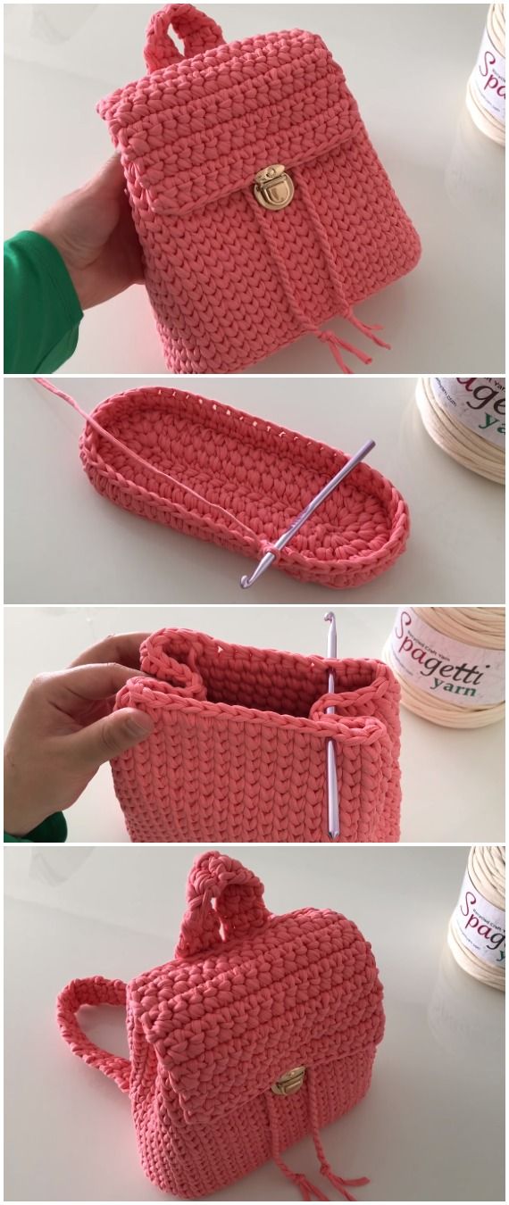 the crocheted purse is being made with yarn