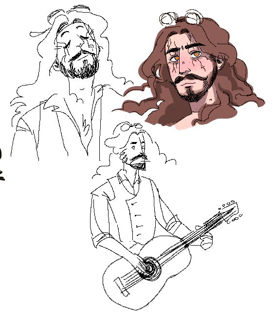 two drawings of the same man with long hair and beards, one is holding a guitar