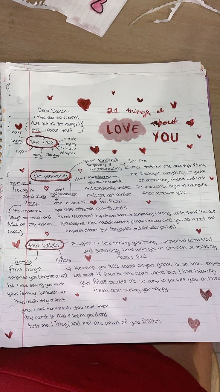 a piece of paper that has writing on it with hearts and words written in red ink