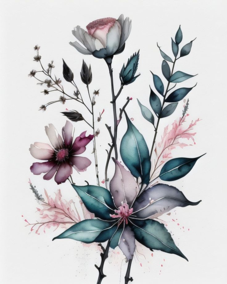 watercolor painting of flowers and leaves on a white background with pink, purple and blue colors