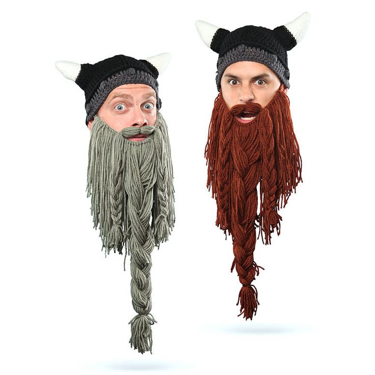 two men with long hair and beards wearing knitted hats