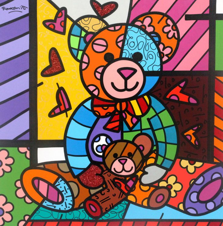 a painting of a teddy bear with hearts on it's chest and colorful background