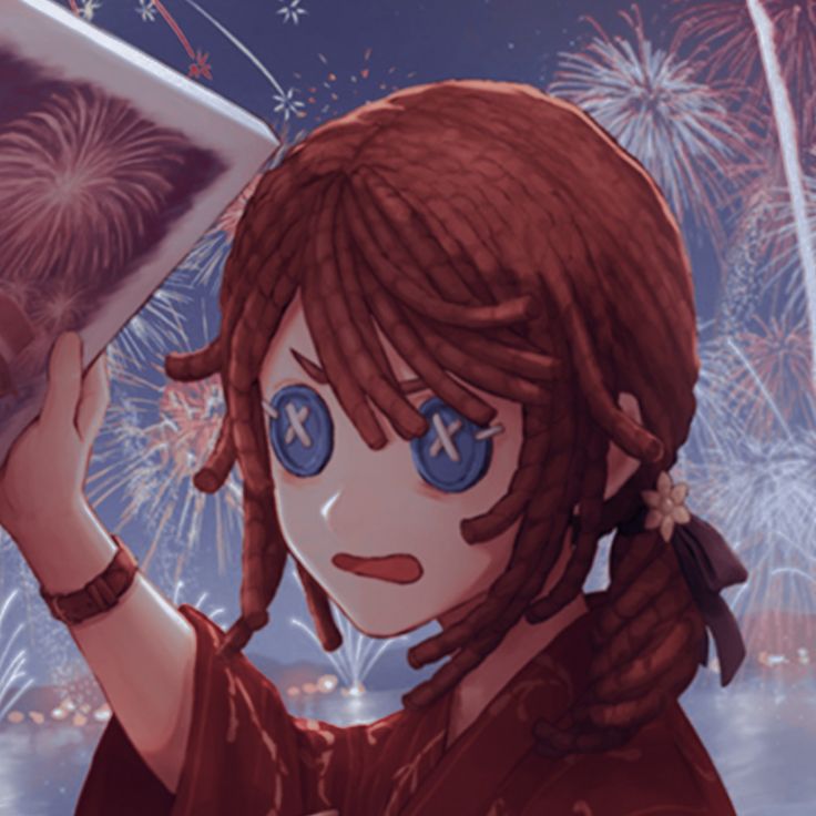 a girl with blue eyes is holding up a book in front of fireworks