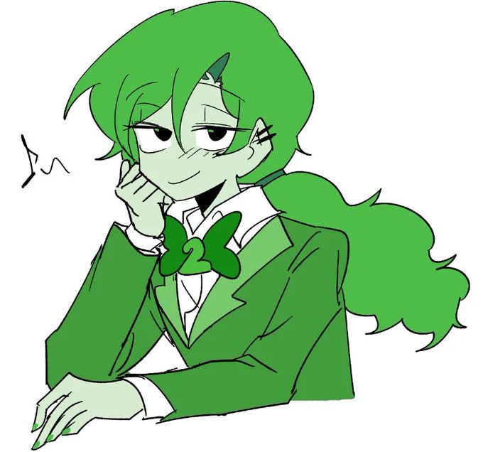 an anime character with green hair wearing a suit and bow tie, sitting at a table