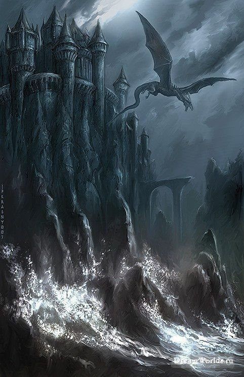 an image of a castle on the water with a dragon flying over it at night