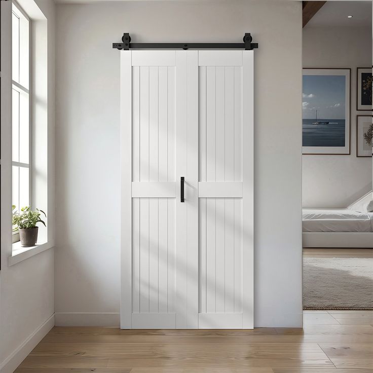 Hall Closet Barn Door, Sliding Doors Laundry Room, Small Laundry Room Doors, Bi Fold Barn Doors Bathroom, Barn Door Folding Doors, Laundry Bifold Door Ideas, Bi Fold Doors Closet, Sliding Barn Door Laundry Room, Foldable Barn Door