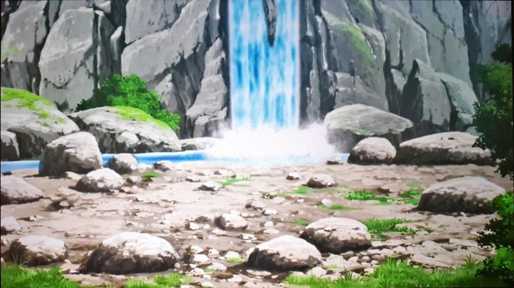 a painting of a waterfall in the middle of some rocks and green grass with blue water coming from it