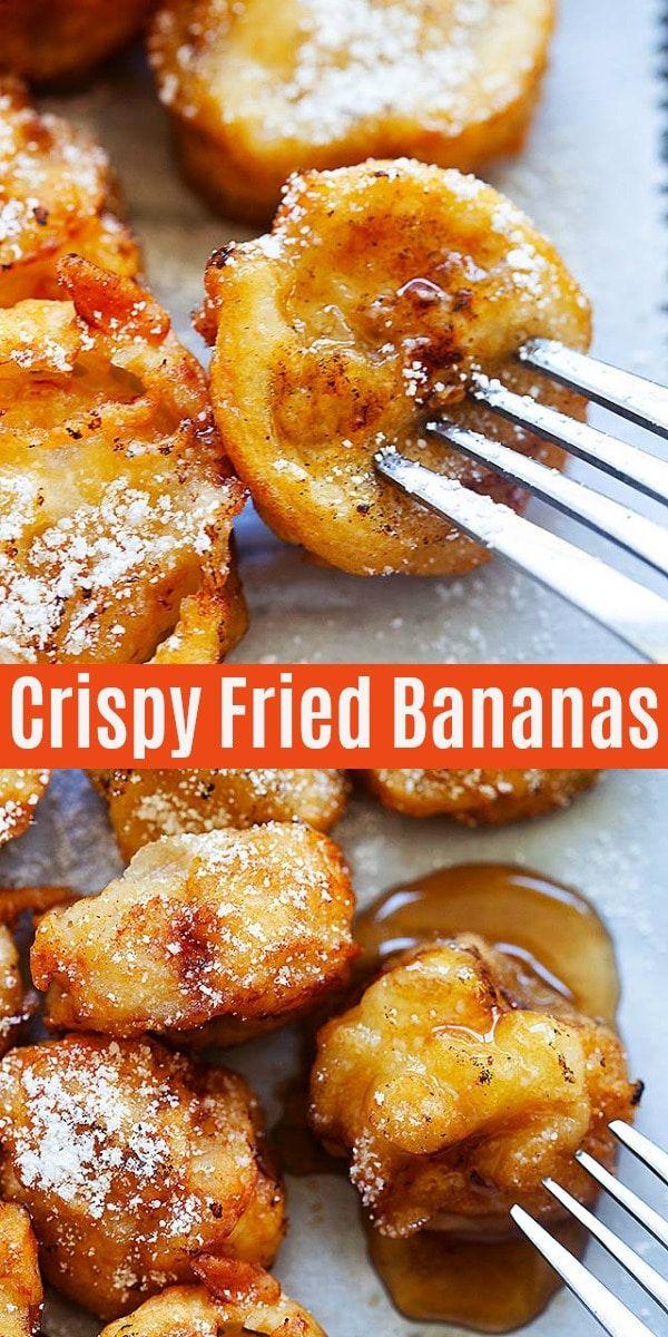 crispy fried bananas on a plate with syrup and fork in the foreground text reads, how to make crispy fried bananas