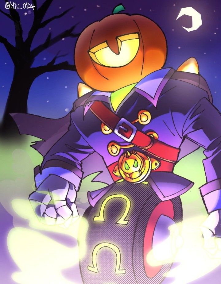 an image of a cartoon character with a pumpkin on his head, riding a motorcycle