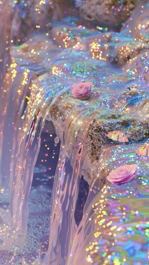 the water is flowing over the rocks with flowers on it's side and bubbles in the air