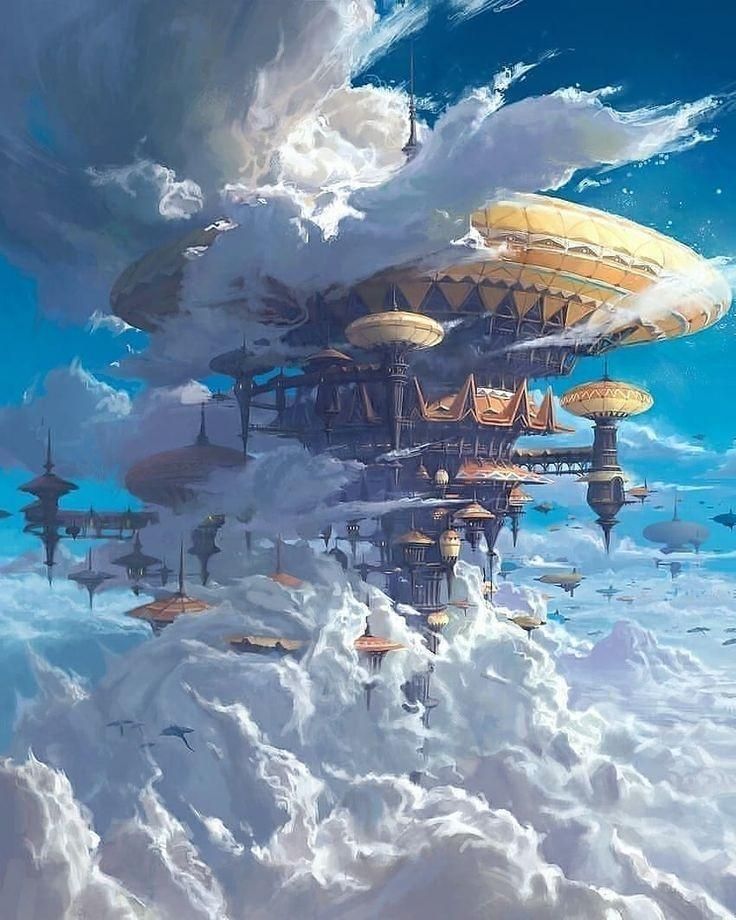 an artist's rendering of a floating city in the sky, with lots of clouds