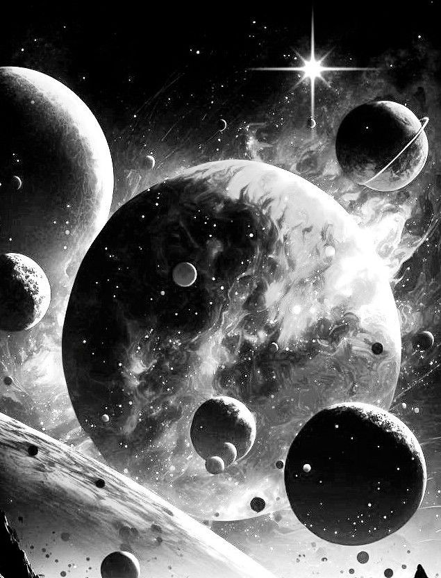 black and white image of planets in the sky with stars around them, as if from outer space