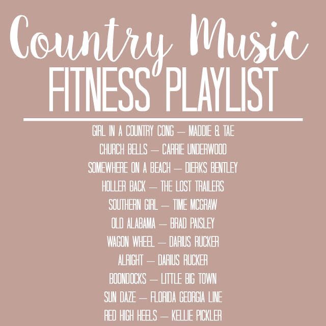 the country music fitness playlist is shown in white on a pink background with text