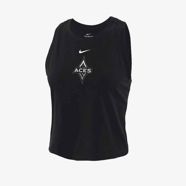 Keep cool and feel the sun on your shoulders as you rep the Las Vegas Aces in this cropped tank top. Black Cropped Sports Bra For Summer, Summer Cropped Black Sports Bra, Cropped Black Sports Bra For Summer, Black Crop Top Sports Bra For Summer, Sporty Crop Top Muscle Tee For Summer, Cropped Tank Top For Gym In Summer, Nike Black Sleeveless Top, Nike Sports Crop Top, Summer Athleisure Cropped Tank Top