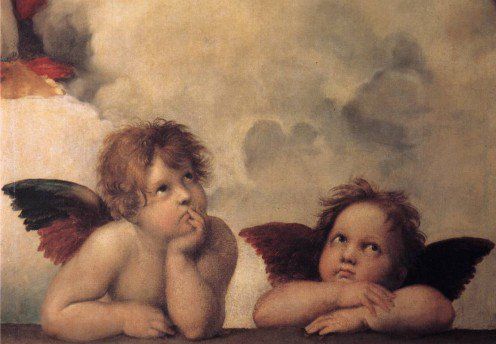 two cherubs sitting on top of a painting with clouds in the sky behind them