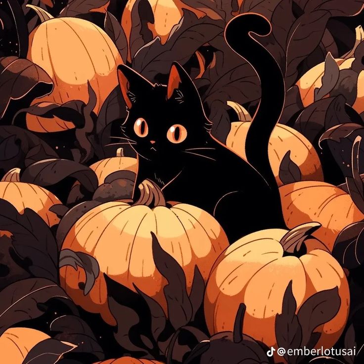 a black cat sitting in the middle of pumpkins