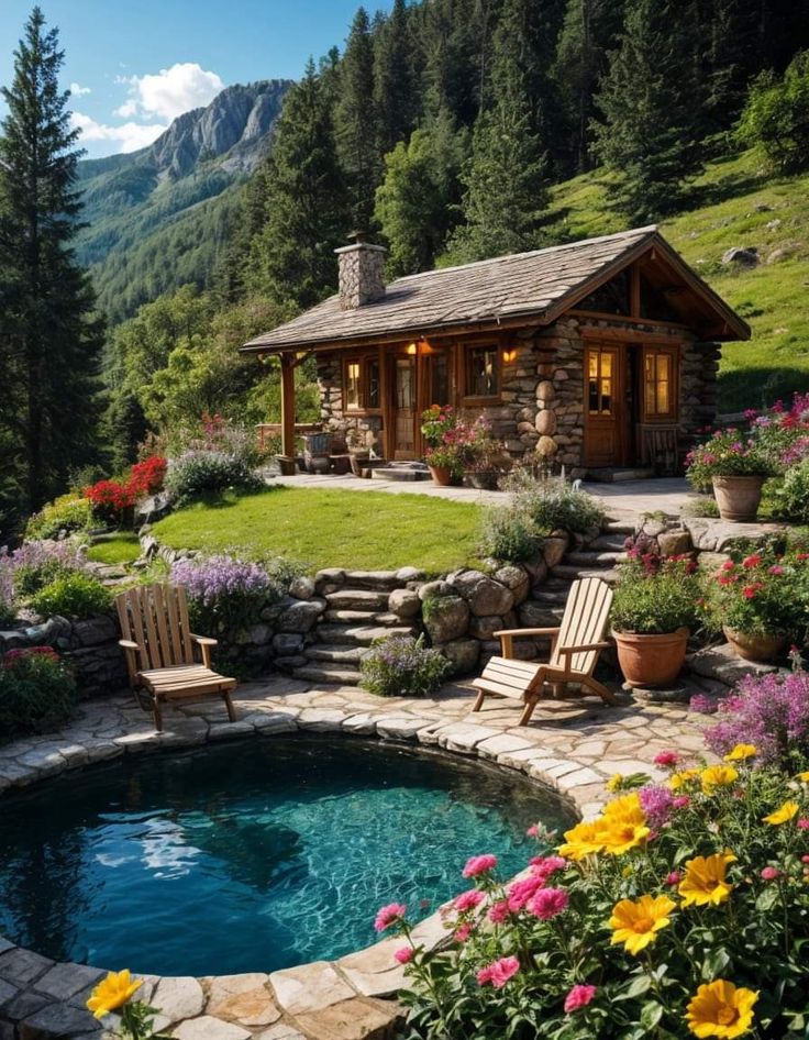 a small cabin with a pool in the middle