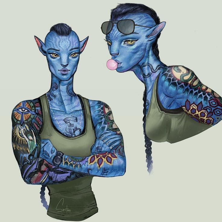 two women with blue hair and tattoos on their arms