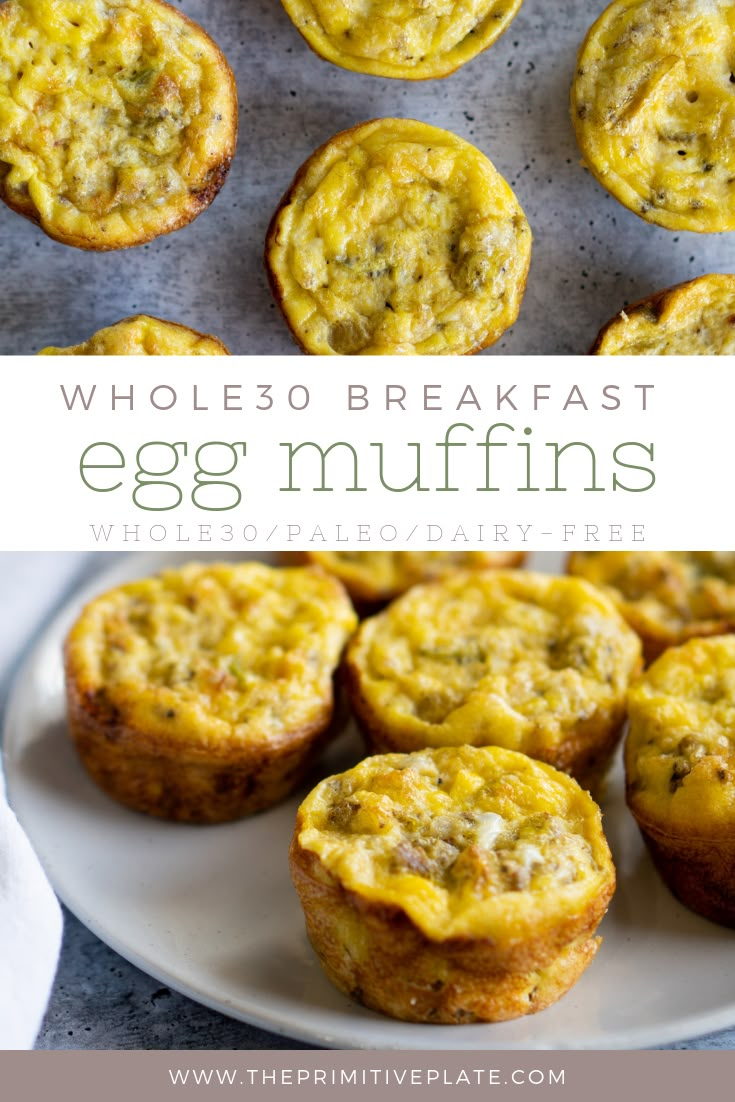 egg muffins on a plate with the words whole 30 breakfast egg muffins