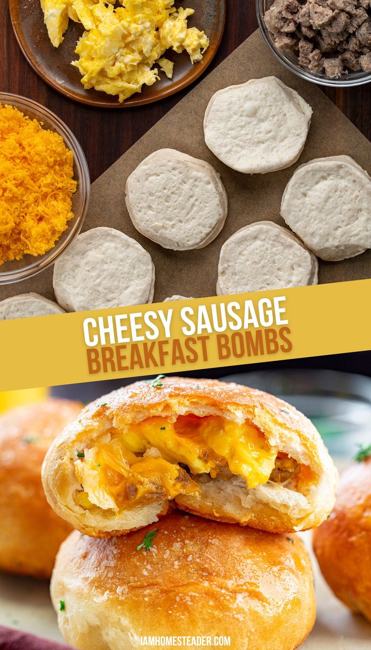 Breakfast bombs stacked, the top is cut open showing the filling of the breakfast bomb.  The top image is the assembly, showing the buttermilk biscuits, eggs, cheese, and cooke sausage. Easy Breakfast Ideas Grab And Go, Filling Easy Breakfast, Breakfast Bombshell Recipes, Easy Make Ahead Breakfast For Kids, What To Bring To A Breakfast Potluck, Easy Breakfast Ideas To Go, Easy Bulk Breakfast Ideas, Easy Breakfast Bites, Breakfast Ideas Bowls