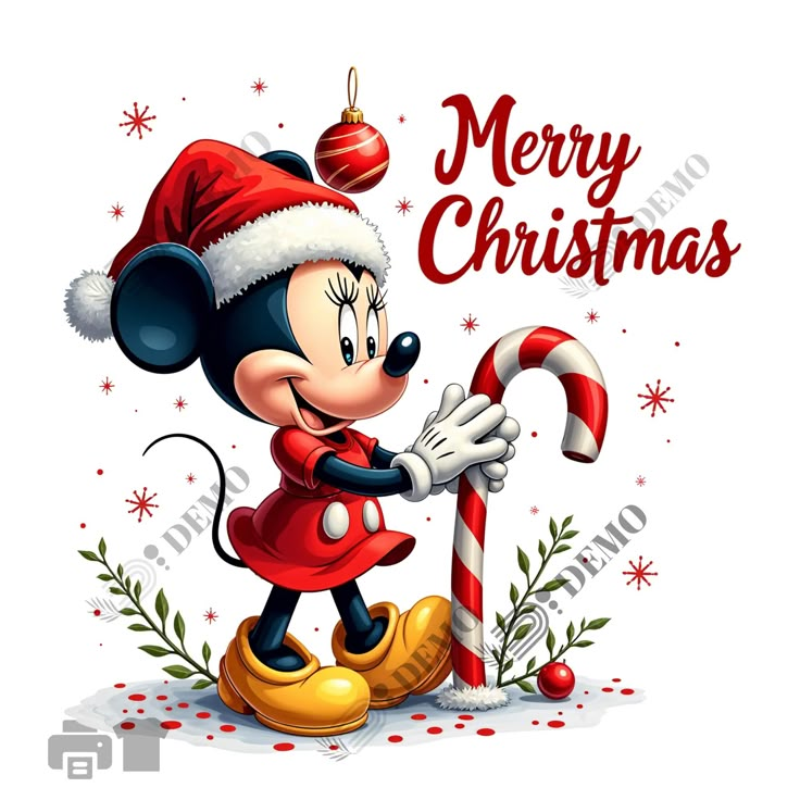 a mickey mouse christmas card with candy cane