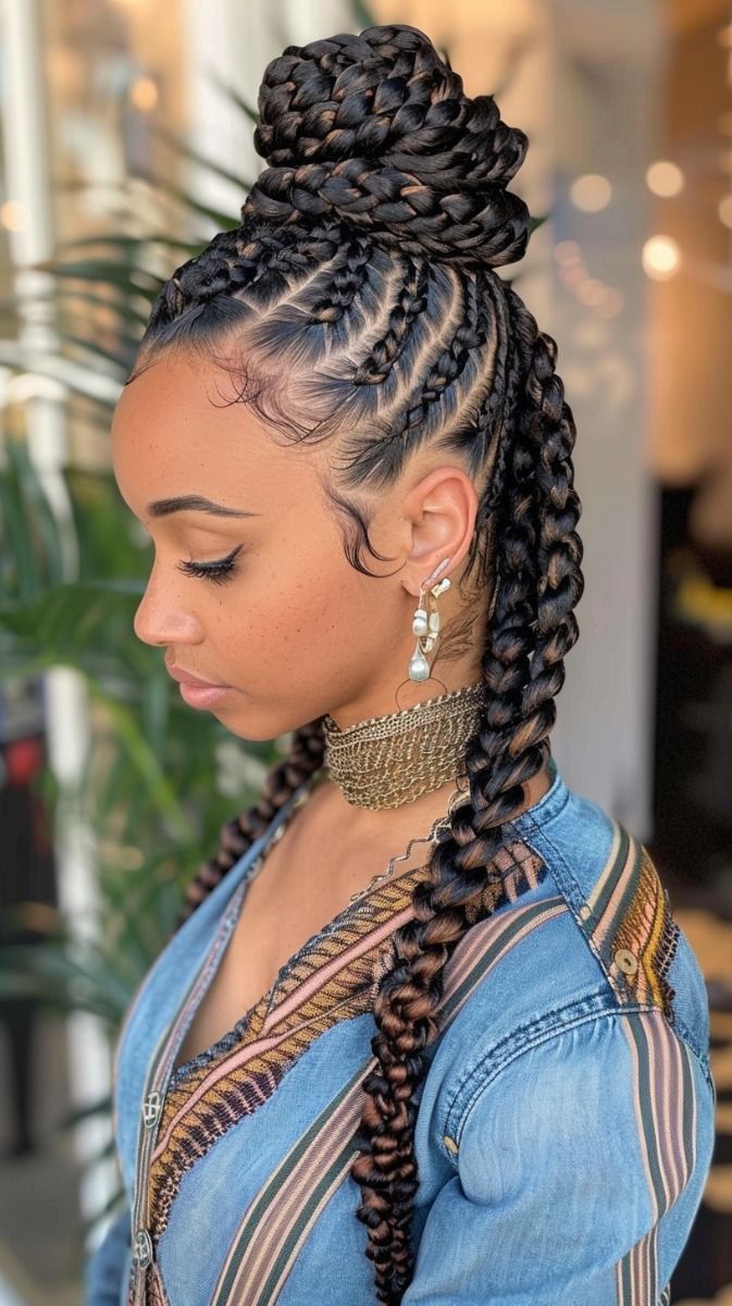 Scarf Hair Ideas That Exude Style Boho Cornrows Black Women, Cornrows And Curls, Cornrows Bun, Event Updo, Boho Cornrows, Goddess Cornrows, Black Cornrows, Hair Braid Patterns, Triangle Braids