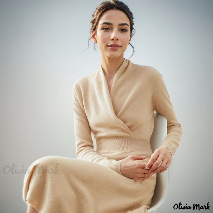 Olivia Mark - Cross-Neck Sheep Wool Sweater Dress with Waist Cinched Fit, Knee-Length Design Winter Work Dress, Romantic Classic Style, Manifest 2025, Sweater Dress With Belt, Billy Hack, Knee Length Sweater Dress, September Song, Knee Length Sweater, Modest Chic