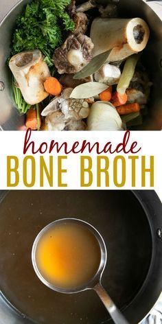 broccoli, carrots and mushrooms are being cooked in a skillet with the words how to make bone broth