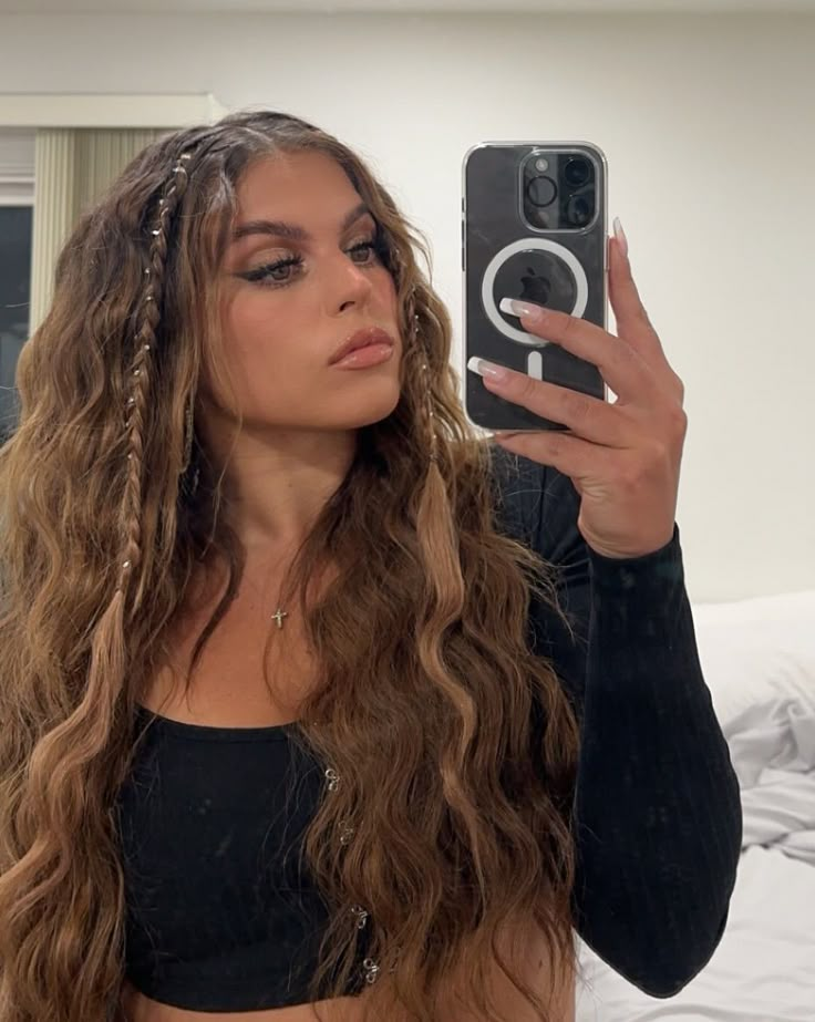 rhinestone, crystals, braids, hairstyle, hair inspo, festival hair, brunette, wavy, crimped, extensions Wavy Hair Styles Braids, Festival Wavy Hair, Wavy Hair Plait, Wedding Hairstyles Crimped, Crimped Hairstyles Long, Festival Hairstyles For Wavy Hair, Braid And Waves Hairstyle, Wavy Concert Hair, Crimped Styled Hair