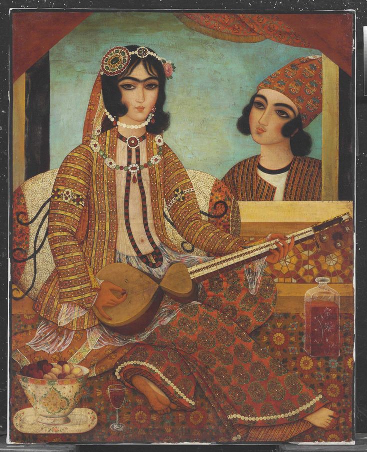 an old painting with two women playing instruments