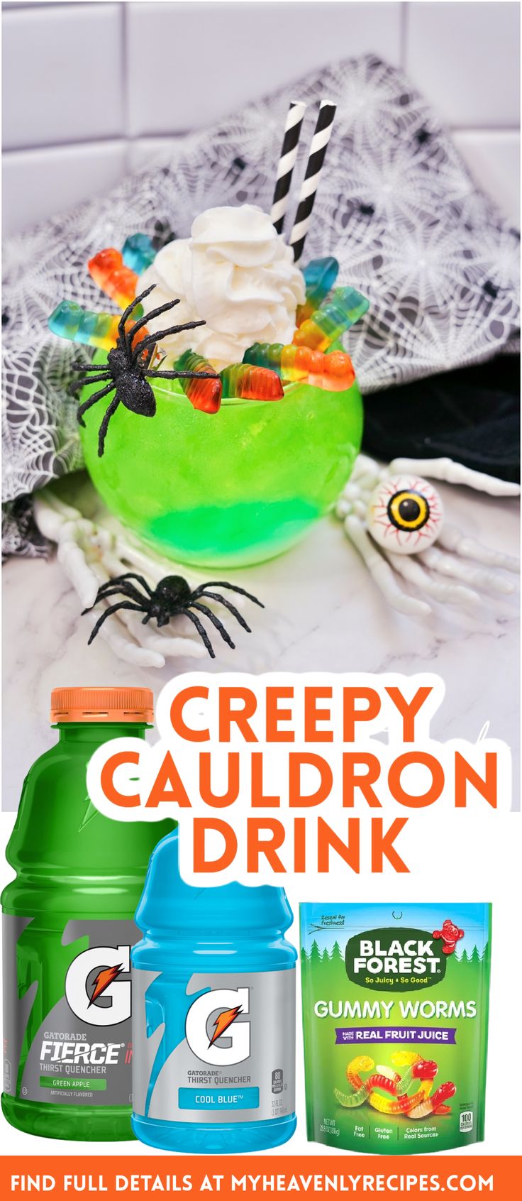 creepy cauldron drink with halloween decorations in the background and text that reads creepy cauldron drink