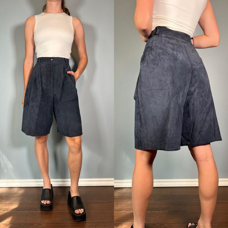 Amazing dark blue/navy bermuda leather shorts! Size Small - Medium Brand - Linea Privata Era - 80s Excellent Vintage Condition (could use a professional dry-cleaning) Made in Canada 100% leather on the exterior 100% acetate lining Measurements LAYING FLAT Waist - 14" Hips - 22" Rise - 13.5" Length - 21.5" Inseam - 9" Please let me know if you have any questions! Leather Bermuda Shorts, Suede Shorts, Leather Shorts, Short Outfits, Bermuda Shorts, Womens Bottoms, Dark Blue, Let Me, Bathing Beauties