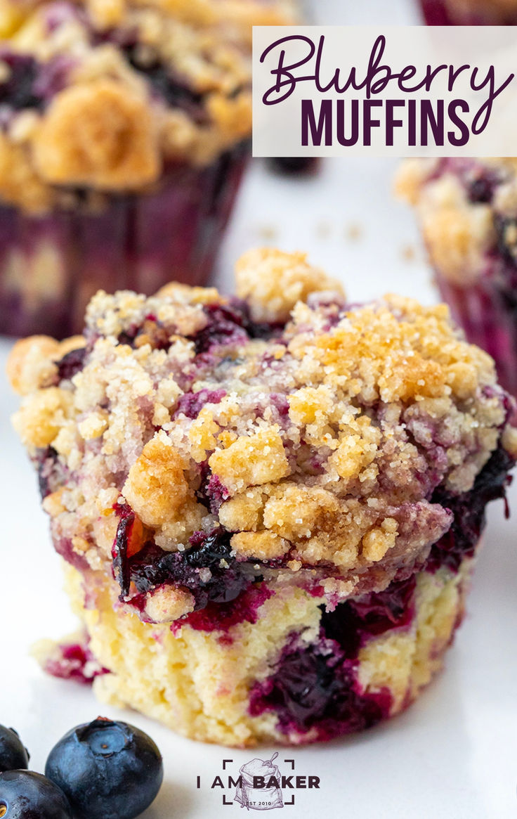 blueberry muffins with crumbled topping on top