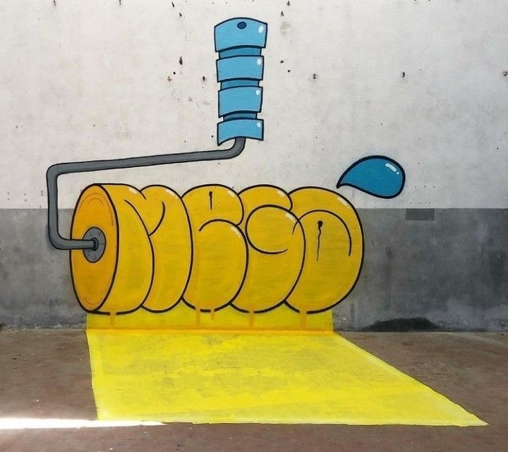 a painting on the side of a building that has yellow paint and a blue pipe coming out of it