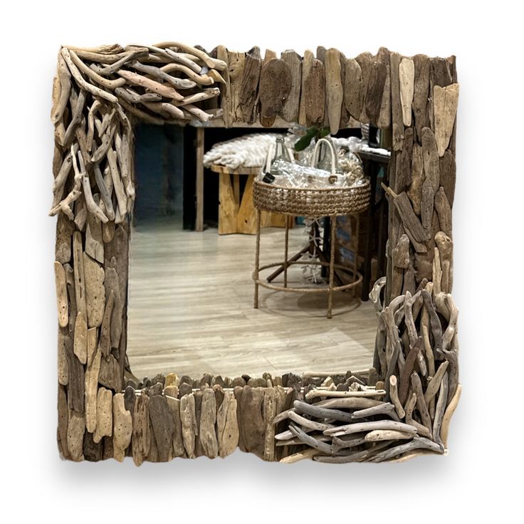 Driftwood Square Wall Mirror - 24-in - Mellow Monkey Square Wall Mirror, Lakehouse Ideas, Driftwood Frame, Driftwood Mirror, Mirror Crafts, Wood Art Projects, Holiday Toys, Coastal Charm, Square Mirror