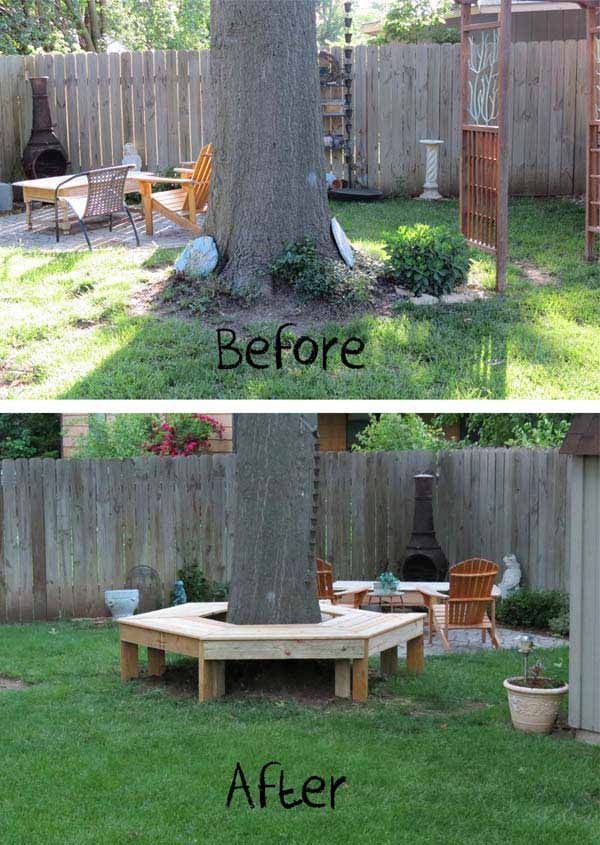 before and after pictures of a backyard with a tree in the middle, an outdoor dining area on the other side