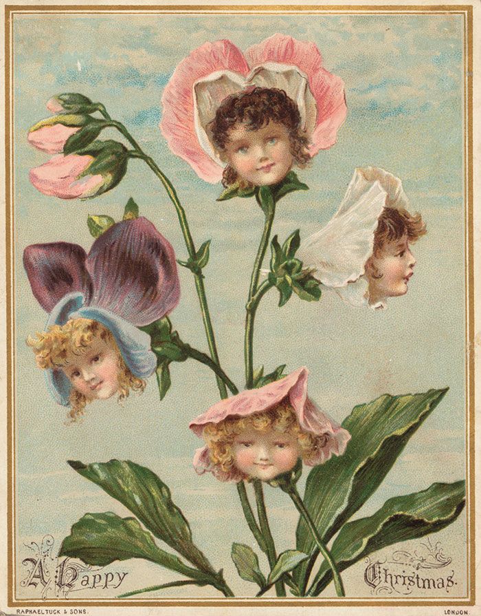 an old fashioned postcard with flowers and angels on it's head, in front of the sky