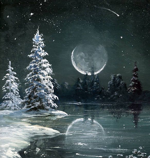 a painting of snow covered trees in front of a moon and stars filled night sky