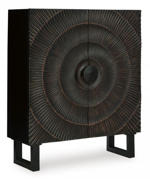 a black cabinet with an intricate design on the front and bottom, it is made out of wood