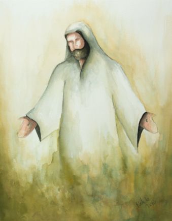 an oil painting of a man in a white robe holding his hands out to the side