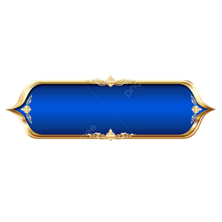 a blue sign with gold trimmings and an ornate design on the bottom corner