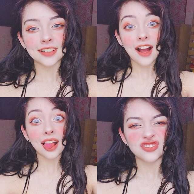 four different pictures of a woman with blue eyes and long dark hair, making her face look like she's smiling