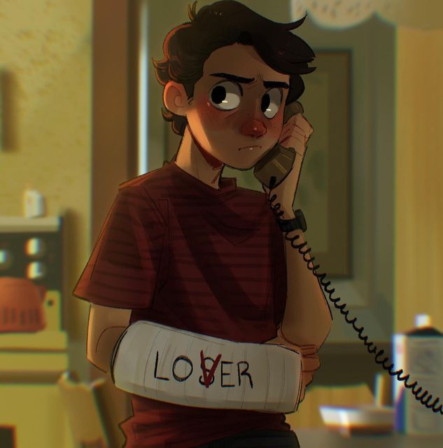 a cartoon character holding a phone up to his ear with the word lover written on it