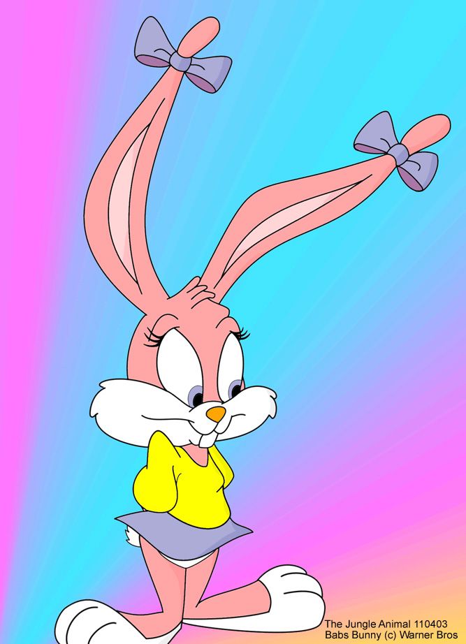 an image of a cartoon rabbit with a bow on its head and legs in the air