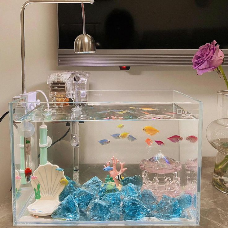 a fish tank filled with water next to a pink flower and a lamp on top of a table