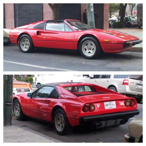 two pictures of a red sports car parked on the street